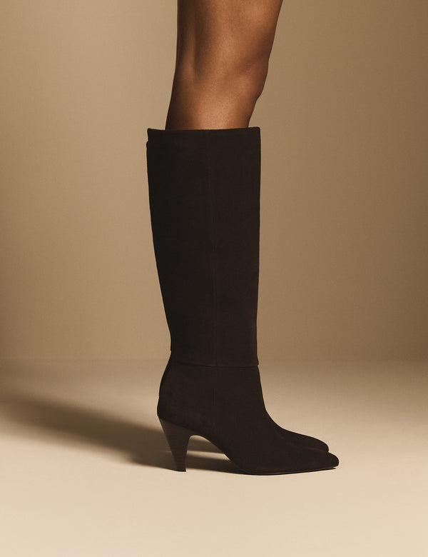 Brown Suede Knee High Heeled Boots