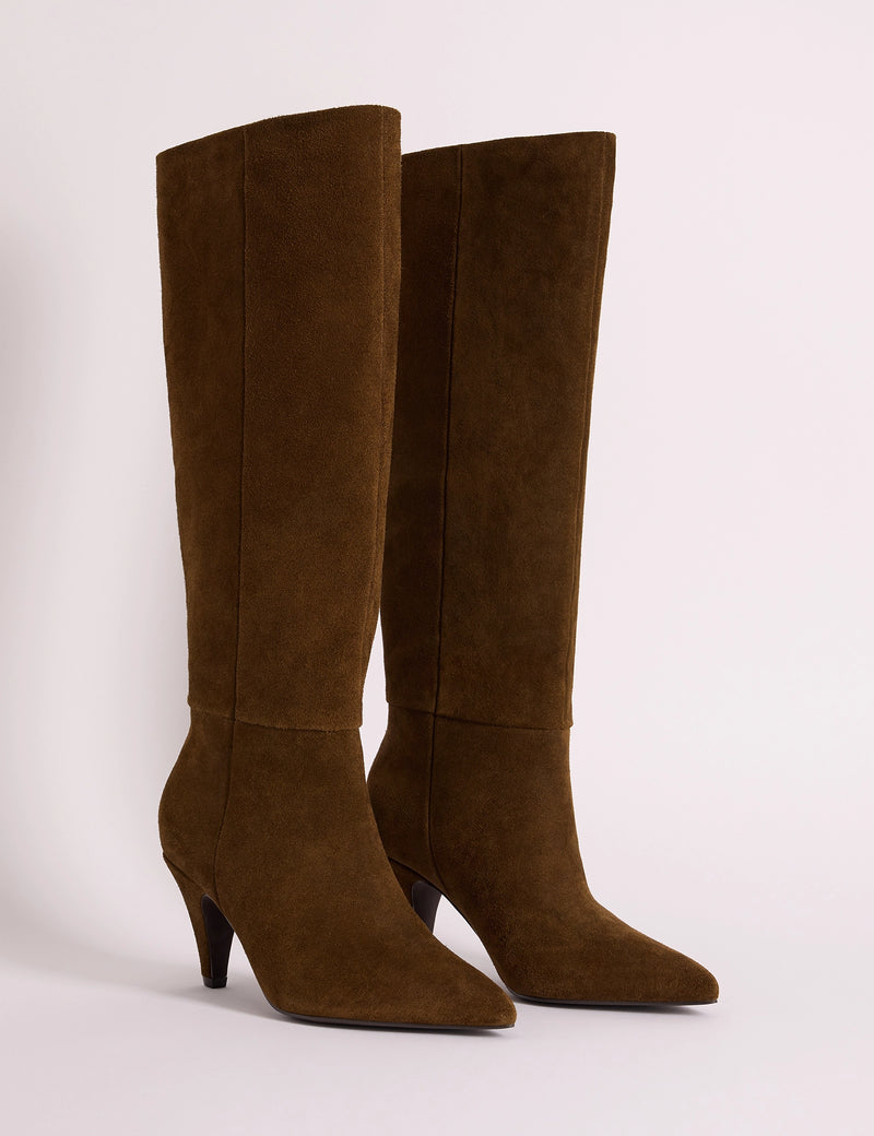 Warm Brown Suede Knee High Heeled Boots