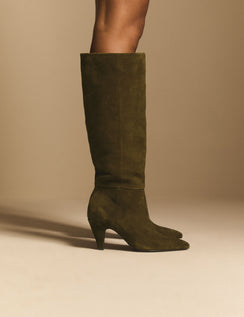 Khaki Green Suede Knee High Heeled Boots