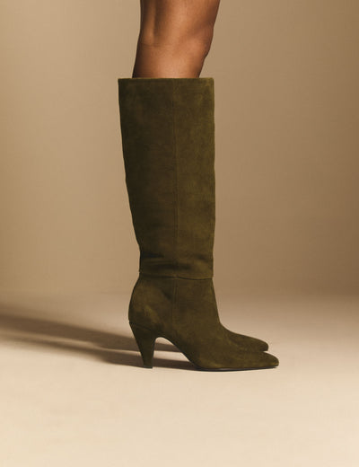 Khaki Green Suede Knee High Heeled Boots