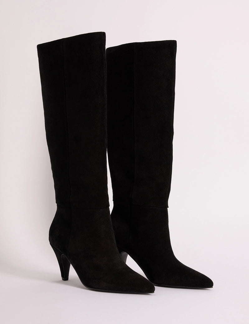 Black suede knee-high boots with cone heels