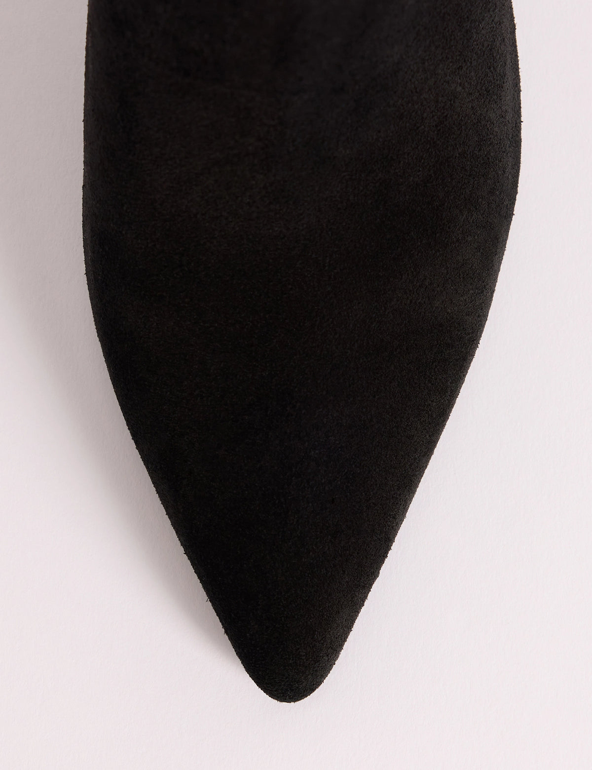 Pointed toe detail on black suede boots