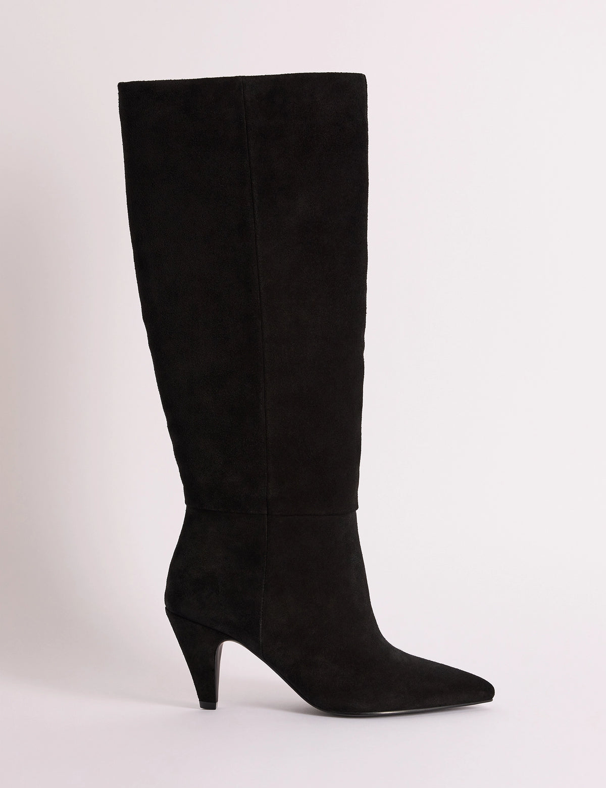 Side view of black suede knee-high boot