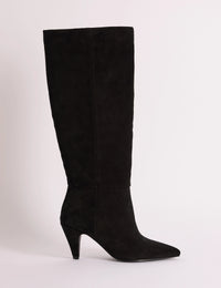 Side view of black suede knee-high boot