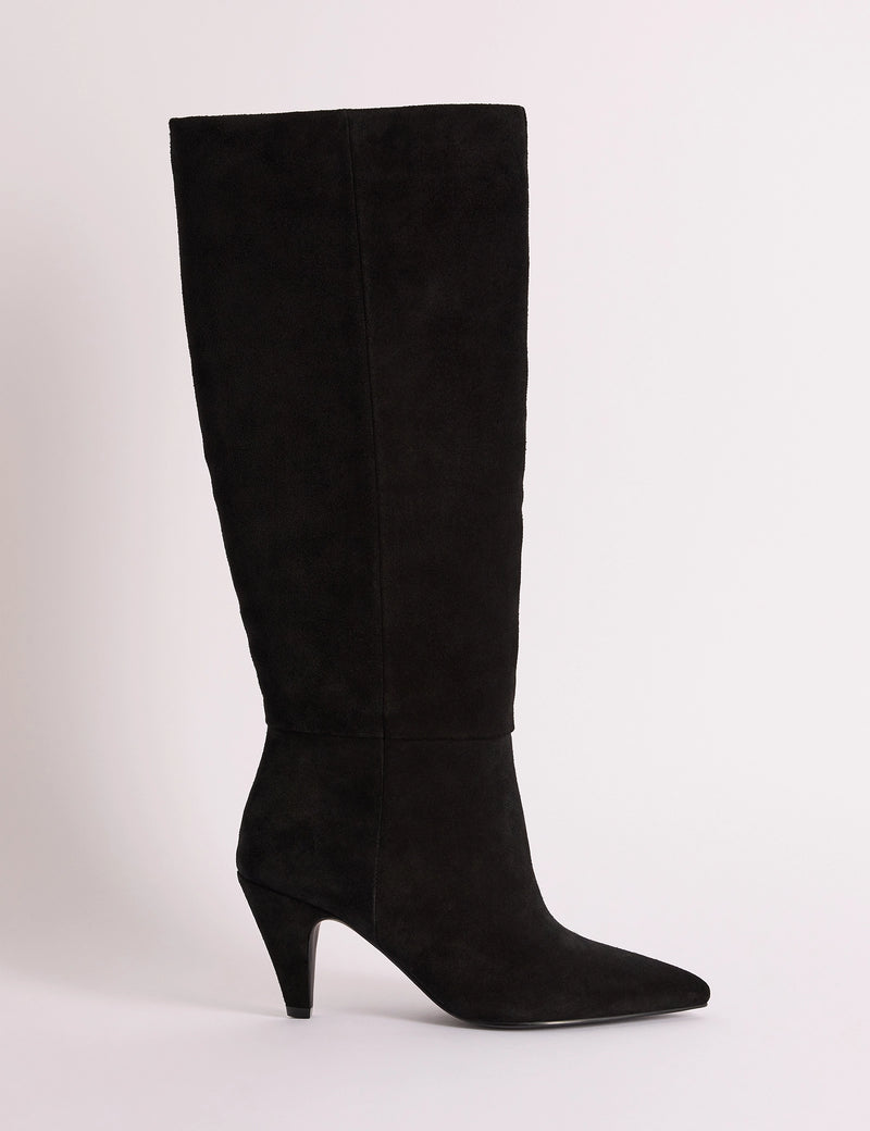 Side view of black suede knee-high boot