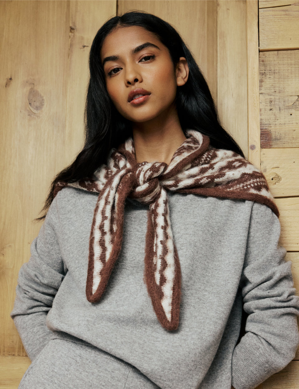Brown Print Wool-Blend Triangle Scarf