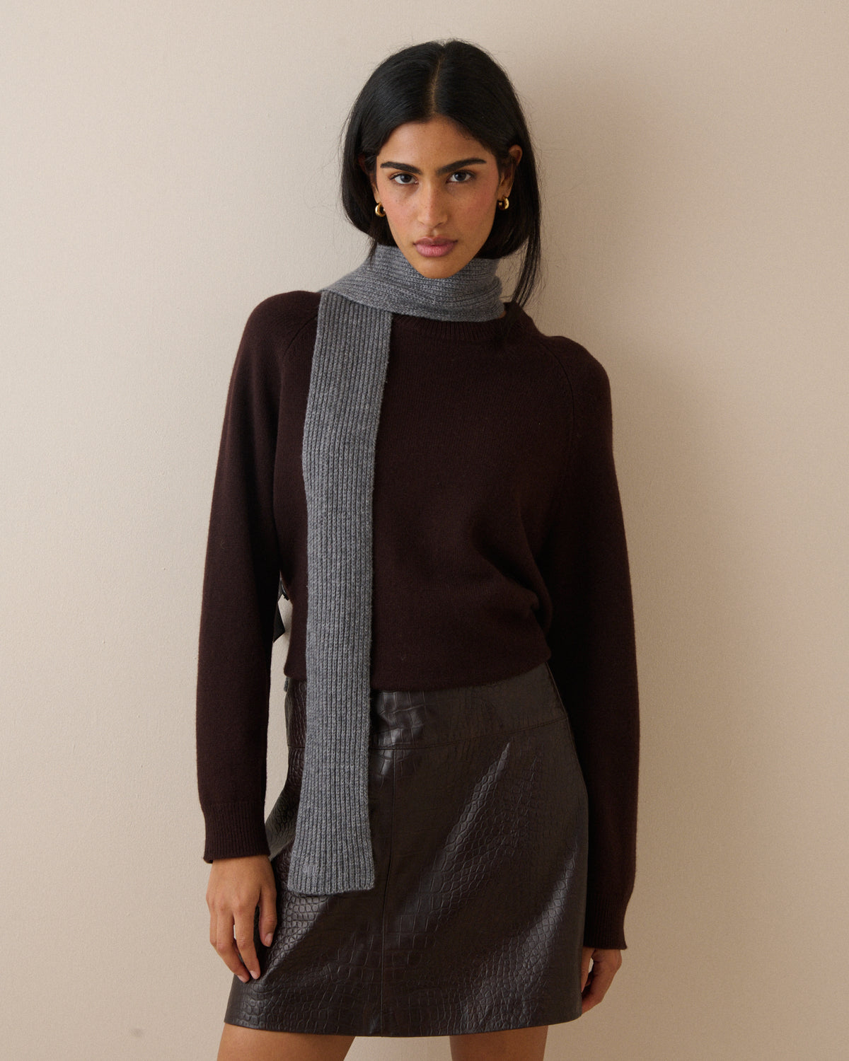Grey Wool-Blend Skinny Scarf