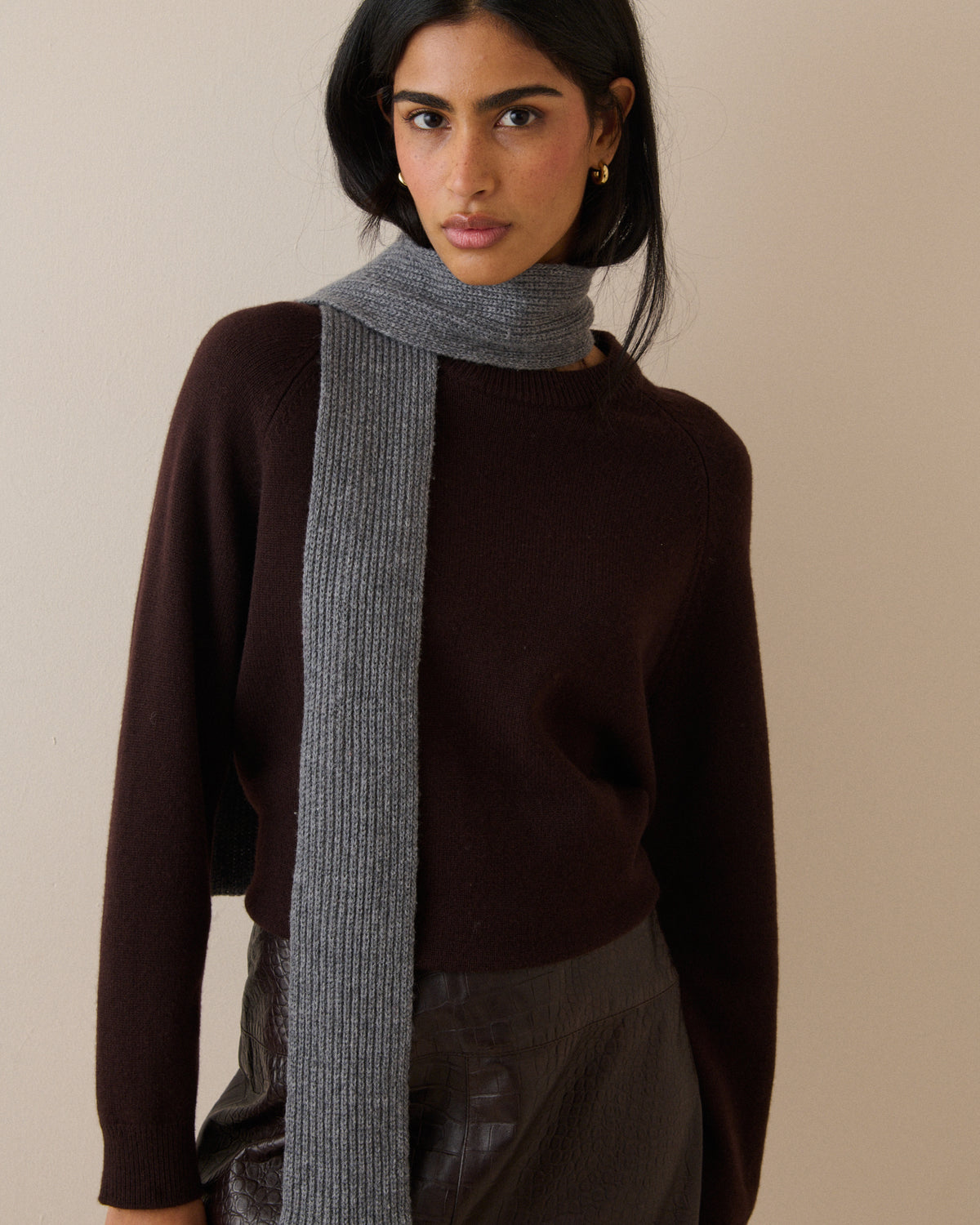 Grey Wool-Blend Skinny Scarf