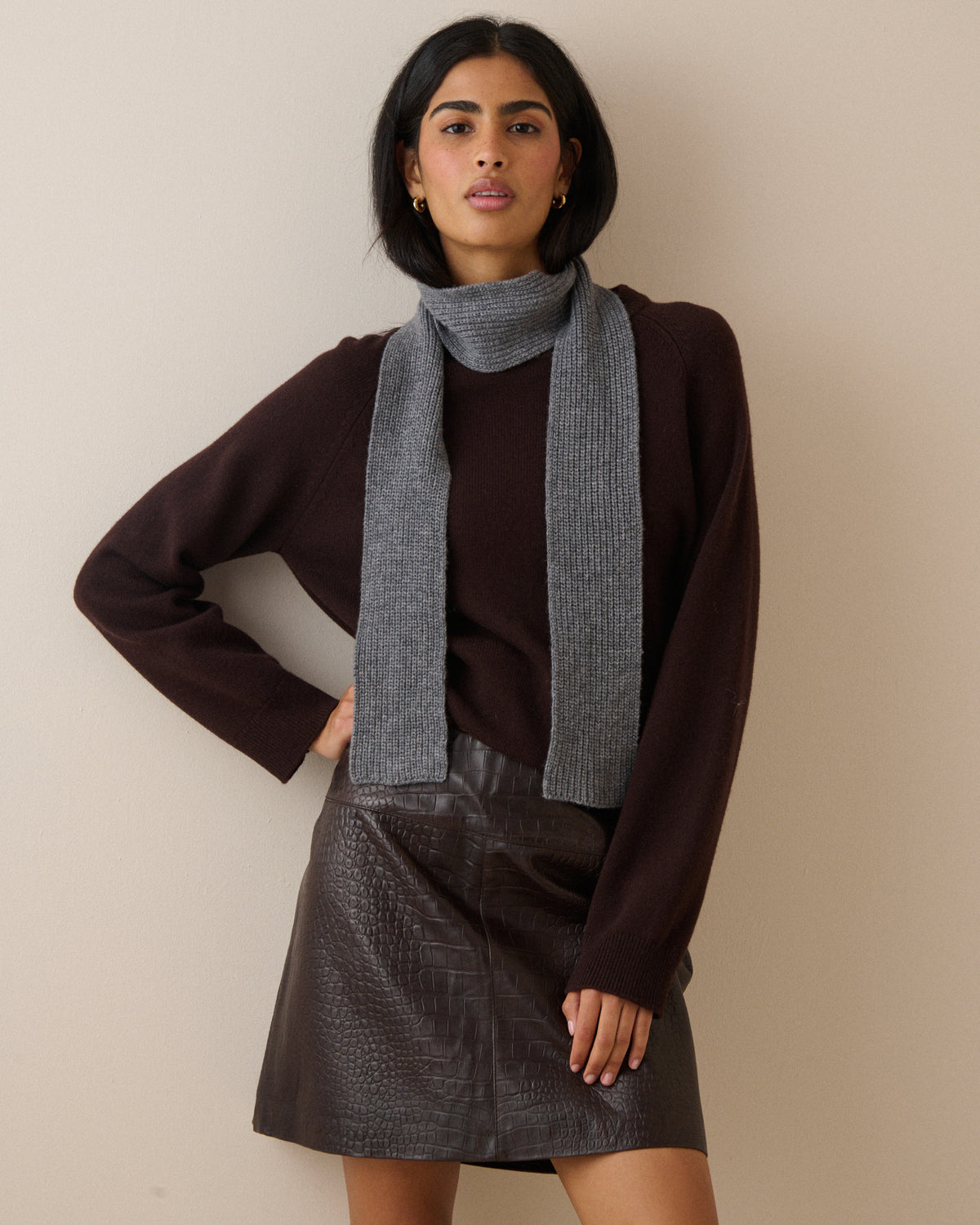 Grey Wool-Blend Skinny Scarf