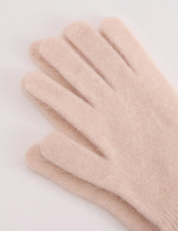 Close-up of light pink knitted gloves