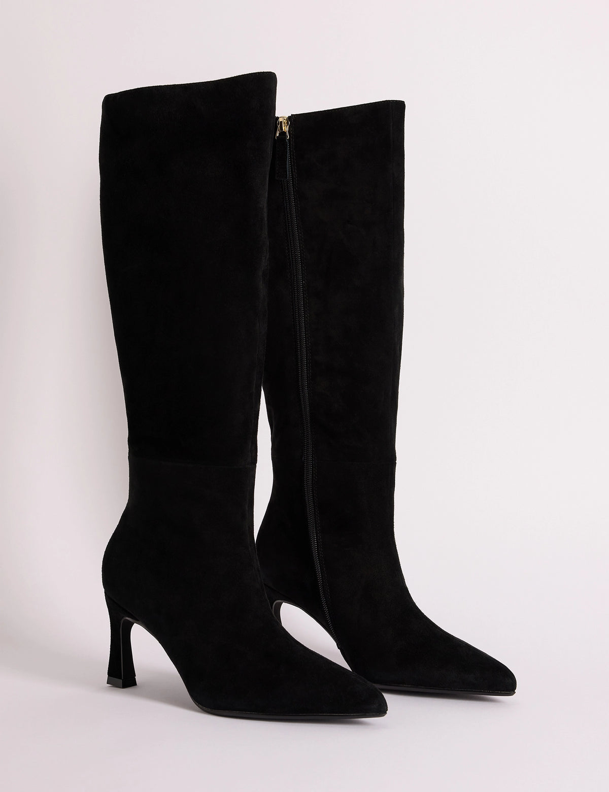 Black suede pointed toe knee-high boots