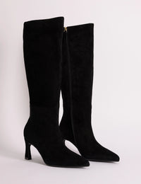 Black suede pointed toe knee-high boots