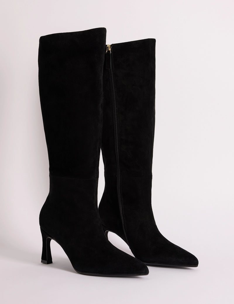 Black suede pointed toe knee-high boots