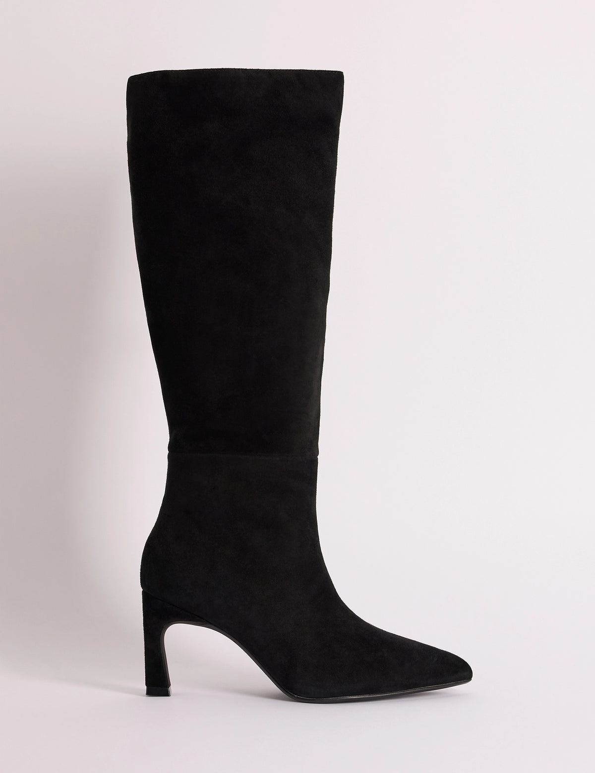 Side view of black suede pointed knee-high boot