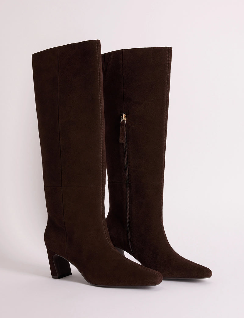 Brown suede knee-high boots with pointed toe