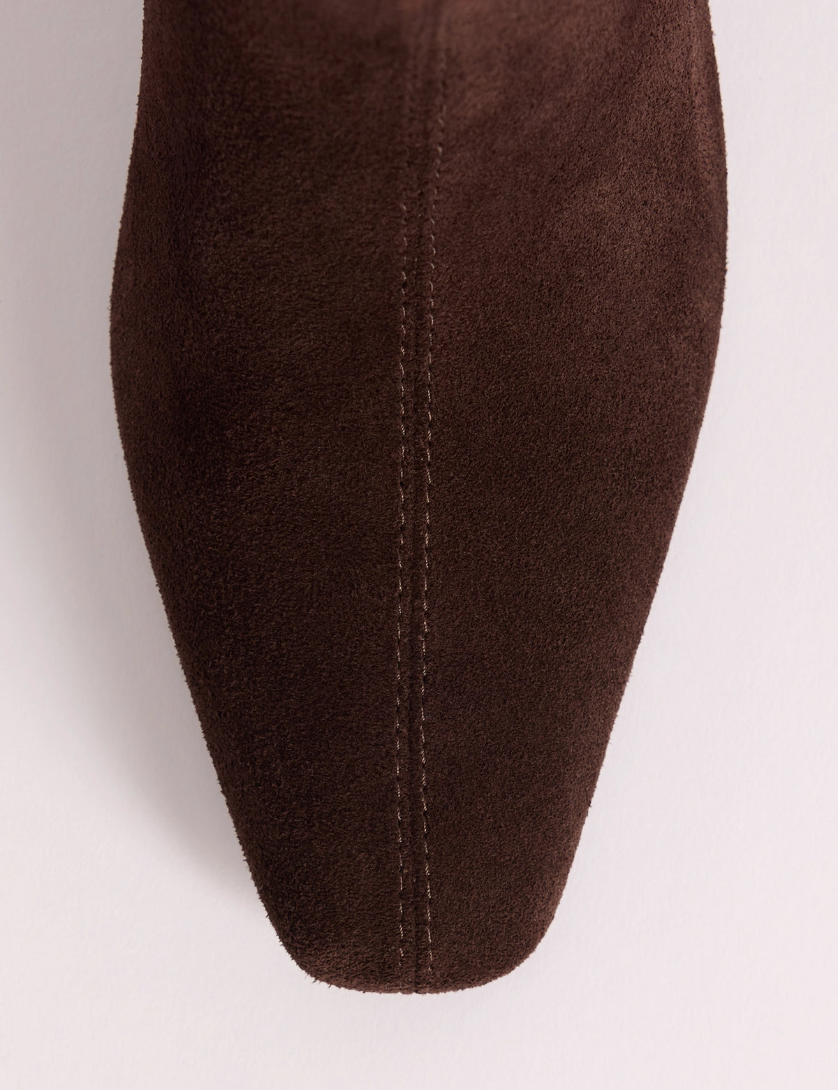 Pointed toe detail on brown suede boots