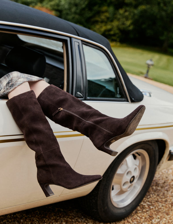 Brown suede knee-high boots with block heel
