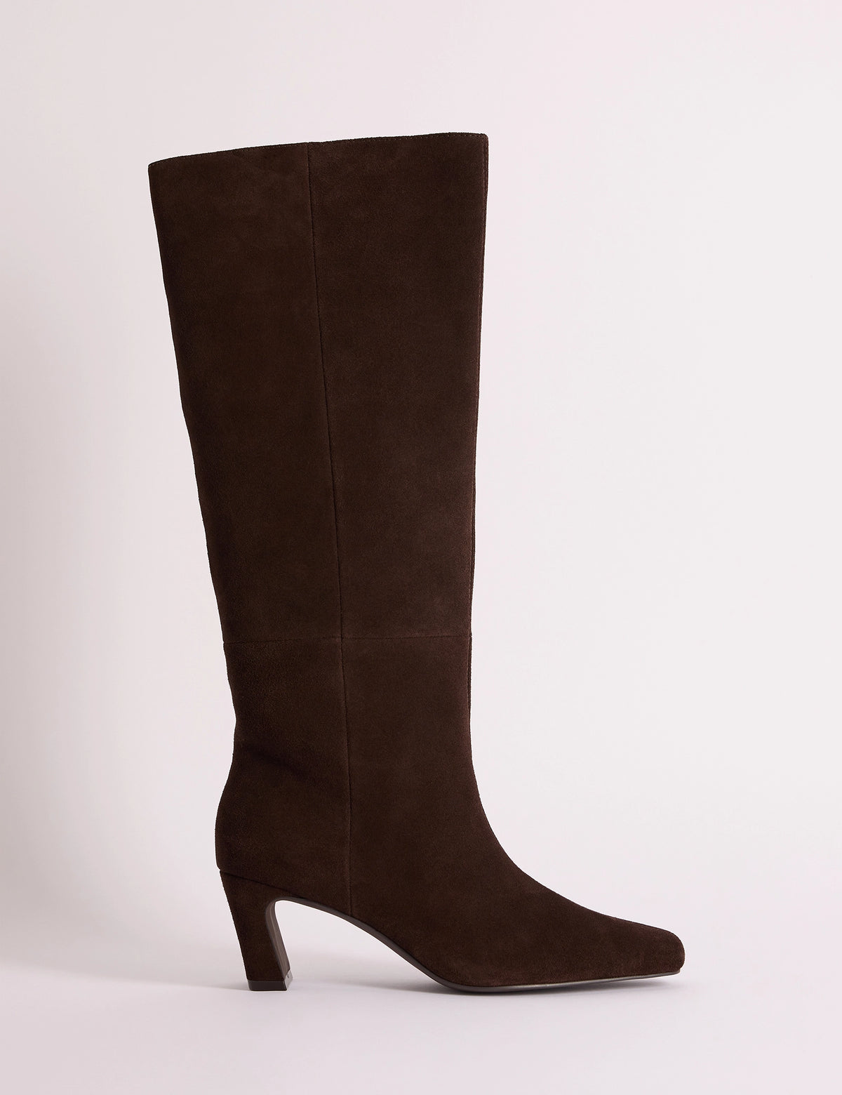 Side view of brown suede knee-high boot