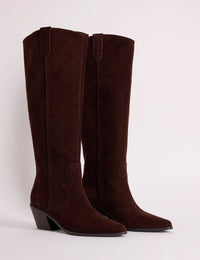 Brown Suede Knee High Western Boots