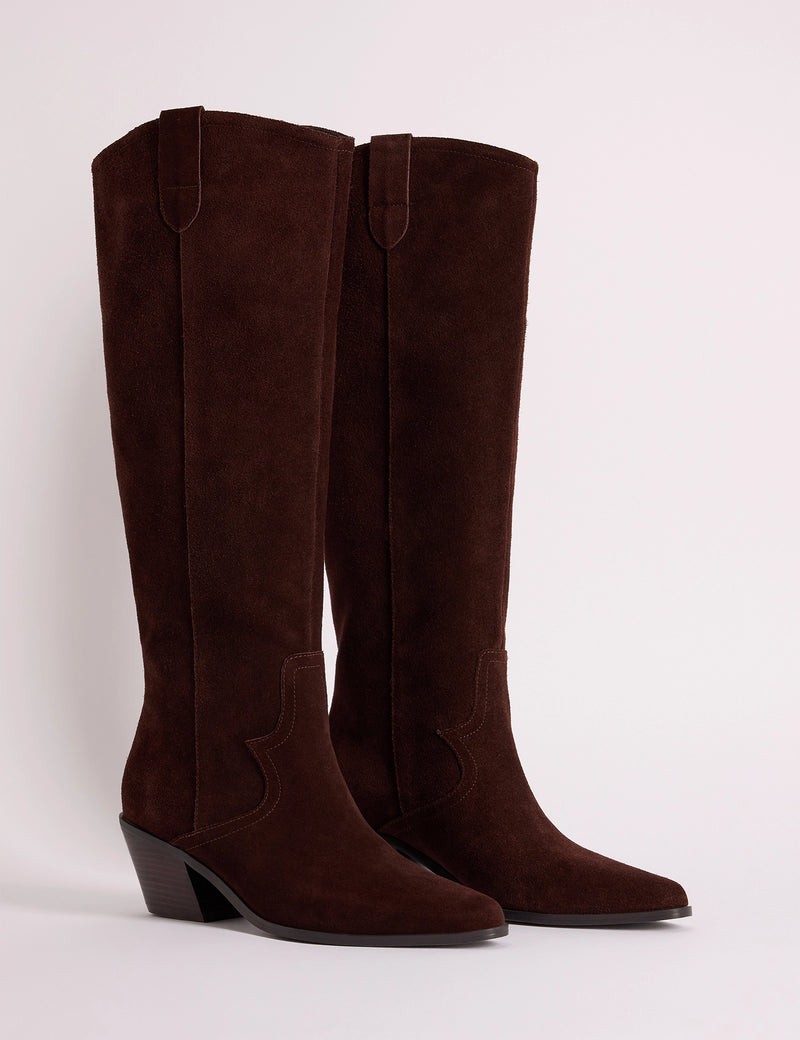 Brown Suede Knee High Western Boots