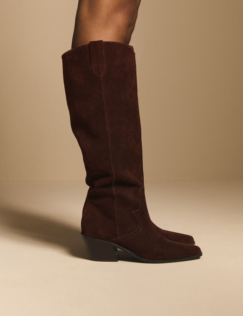 Brown Suede Knee High Western Boots