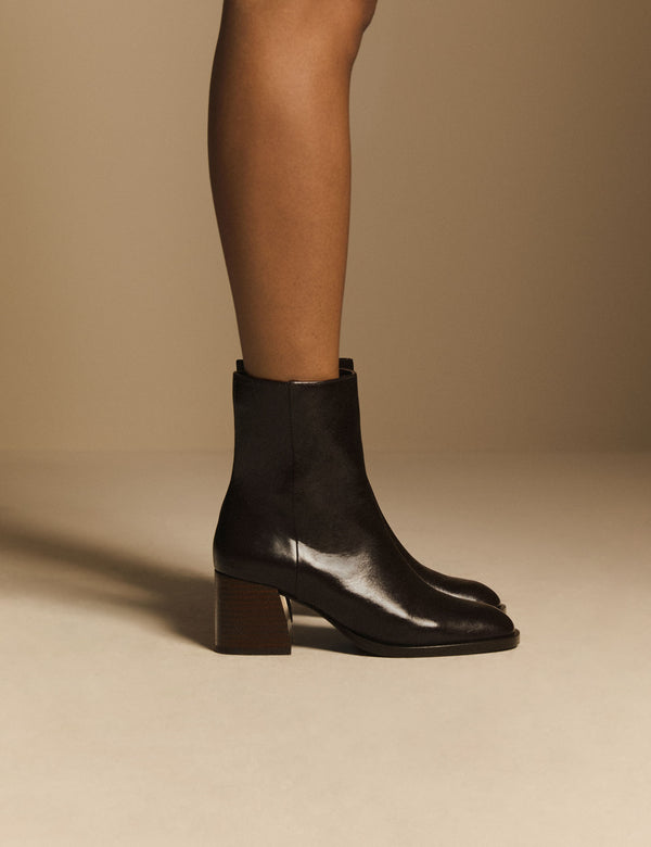 Mahogany Brown Leather Block Heel Ankle Boot