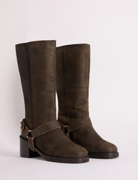 Dark Brown Suede Buckled Boots