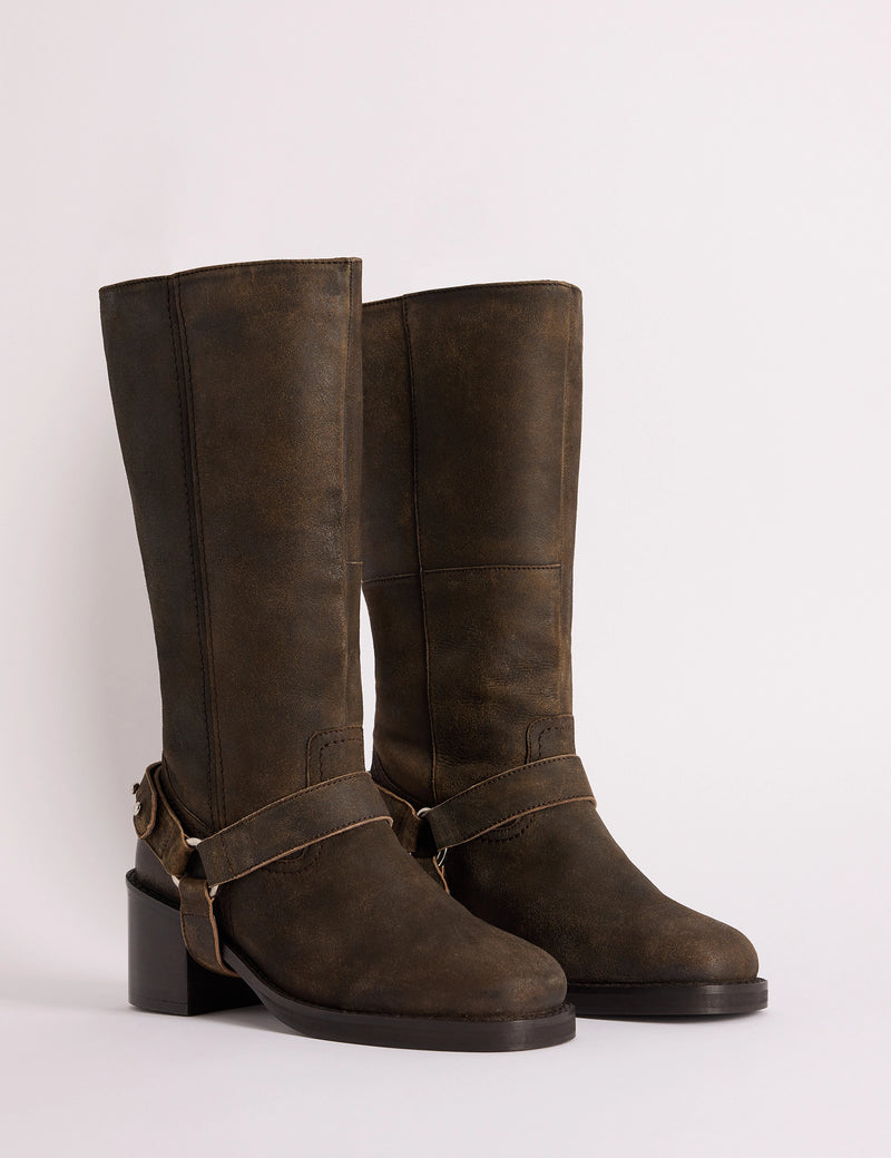 Dark Brown Suede Buckled Boots