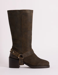 Dark Brown Suede Buckled Boots