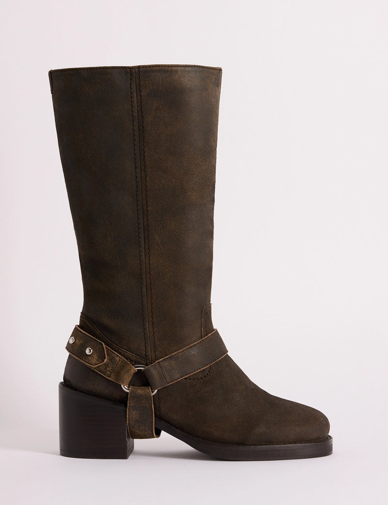 Dark Brown Suede Buckled Boots