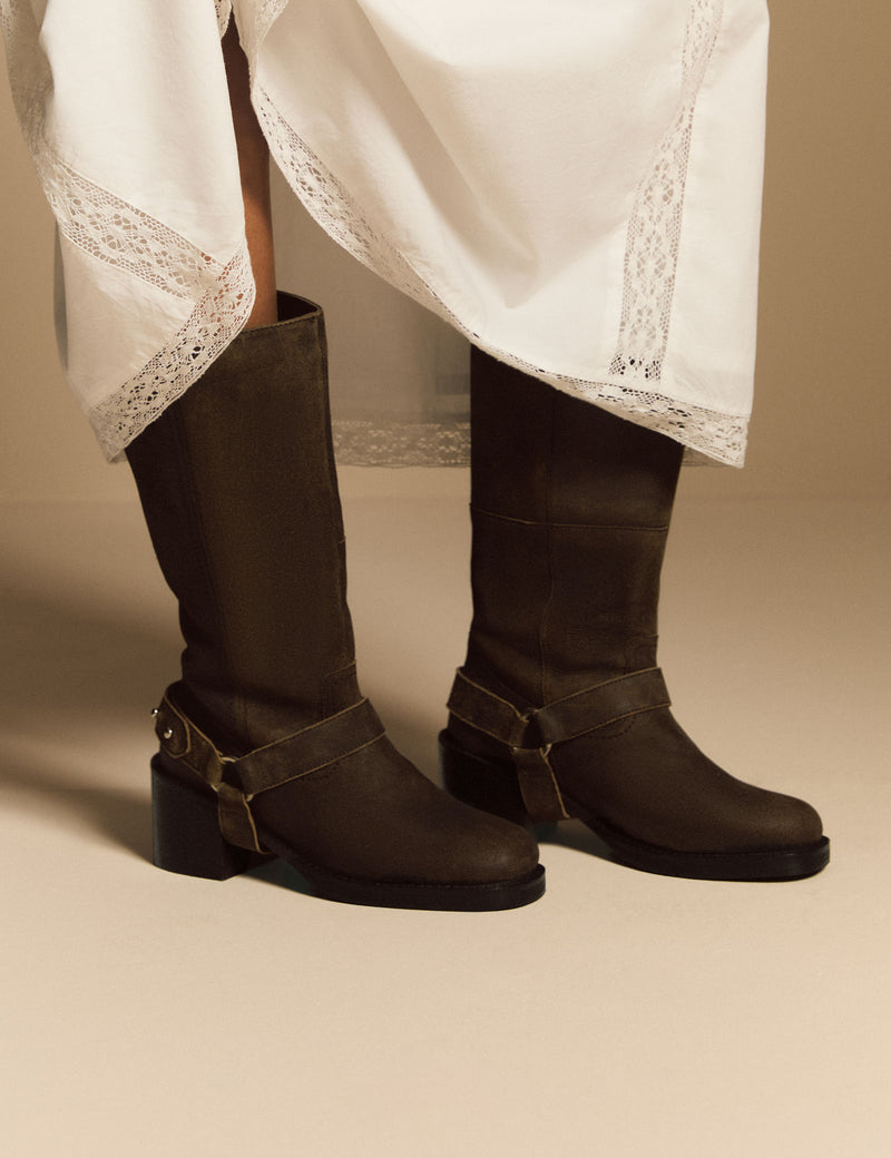 Dark Brown Suede Buckled Boots