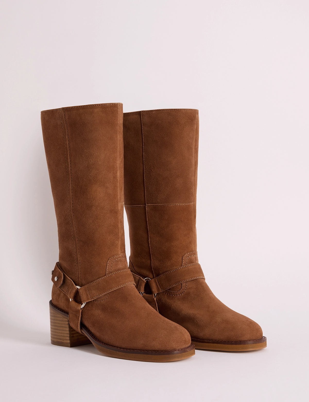 Tan suede calf-high boots with buckle detail
