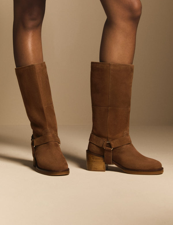 Tan Suede Buckled Boots