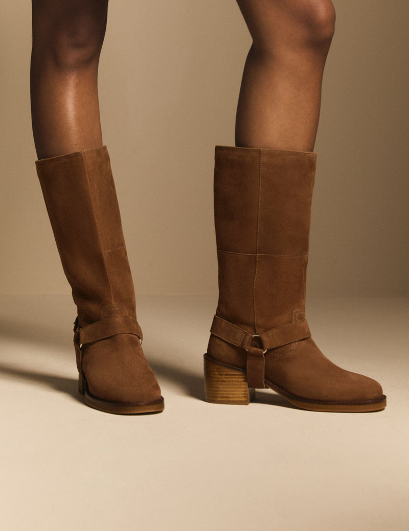 Tan Suede Buckled Boots