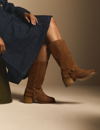 Tan Suede Buckled Boots