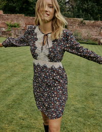 Navy Ditsy Floral Lace Trim Priscilla Mini Dress