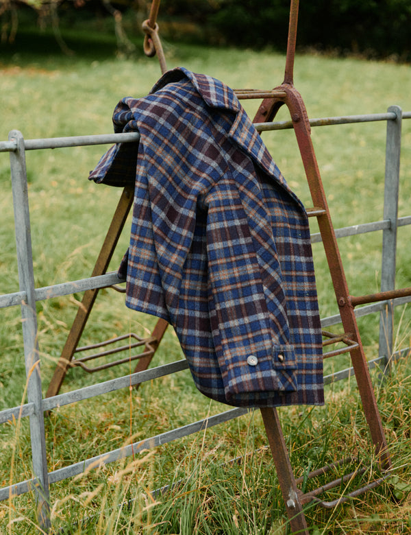 Blue Check Funnel Neck Wool-Blend Coat