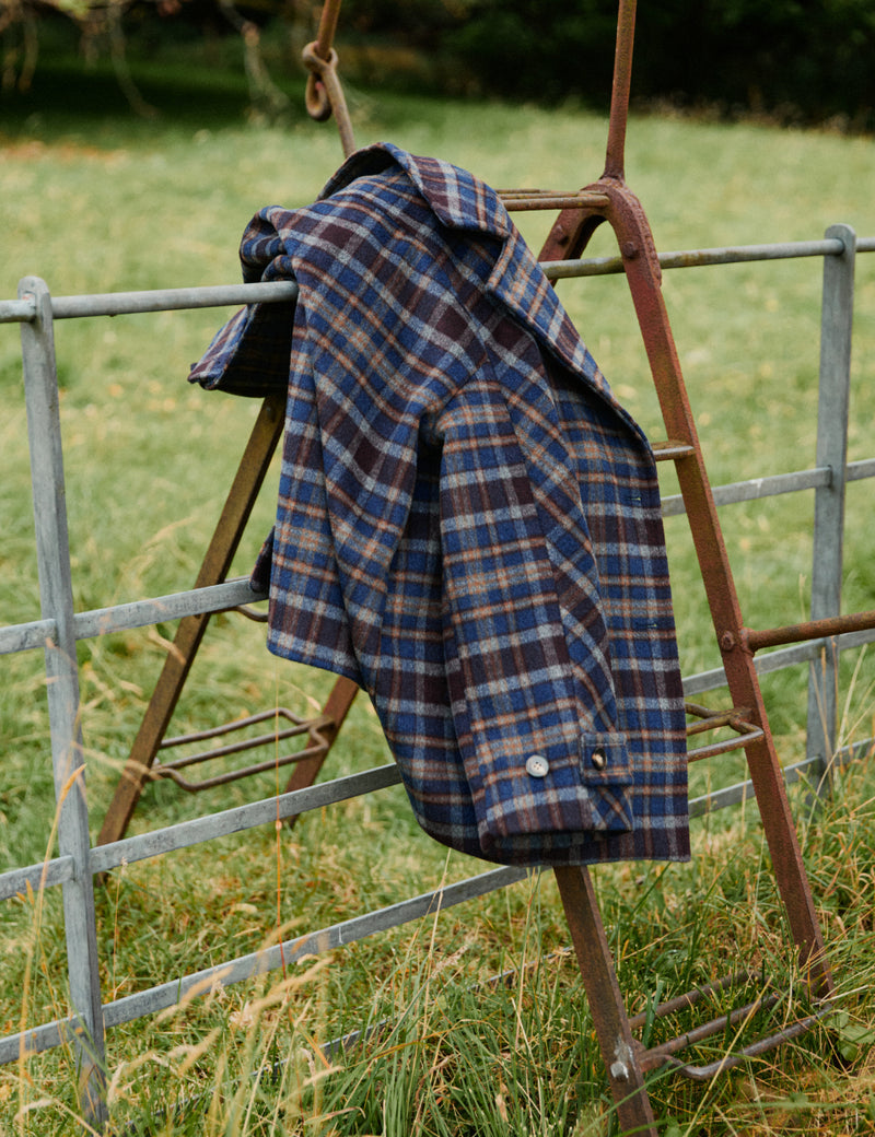 Blue Check Funnel Neck Wool-Blend Coat