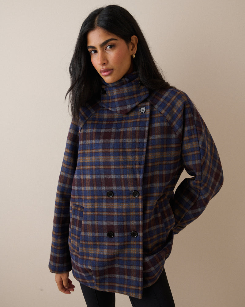 Blue Check Funnel Neck Wool-Blend Coat