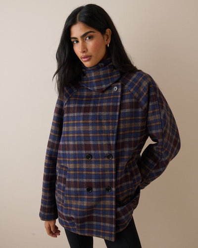 Blue Check Funnel Neck Wool-Blend Coat