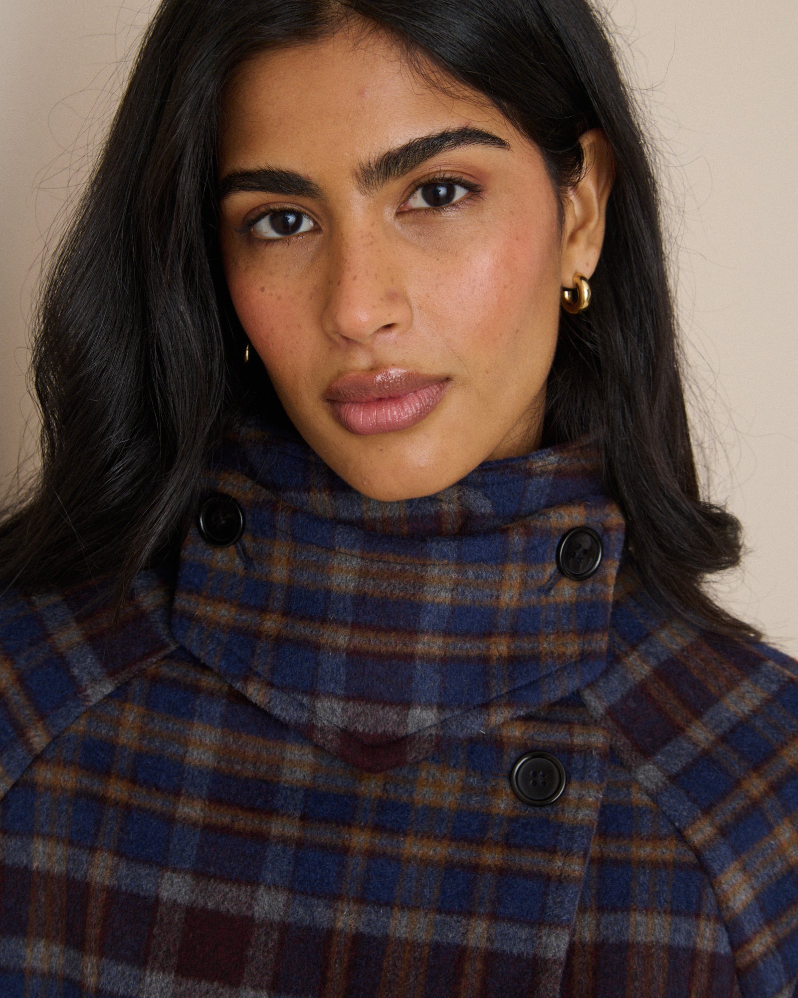 Blue Check Funnel Neck Wool-Blend Coat