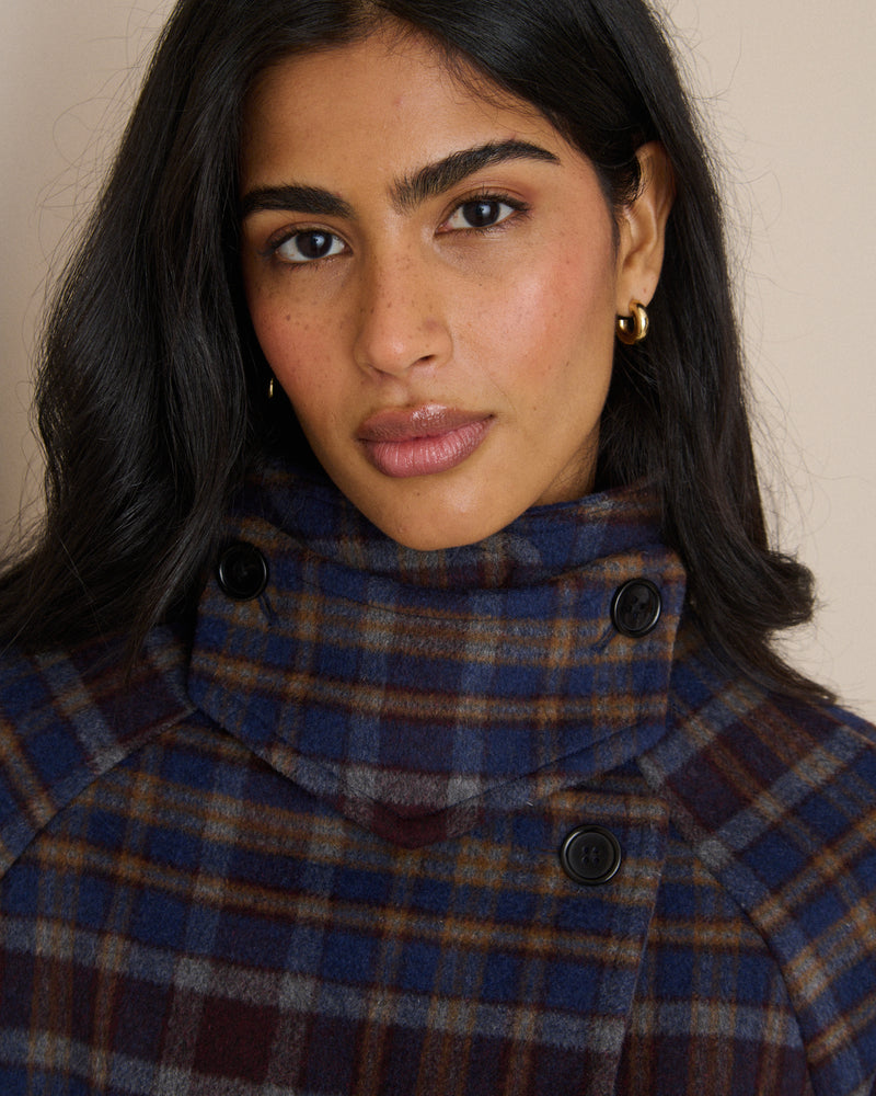 Blue Check Funnel Neck Wool-Blend Coat