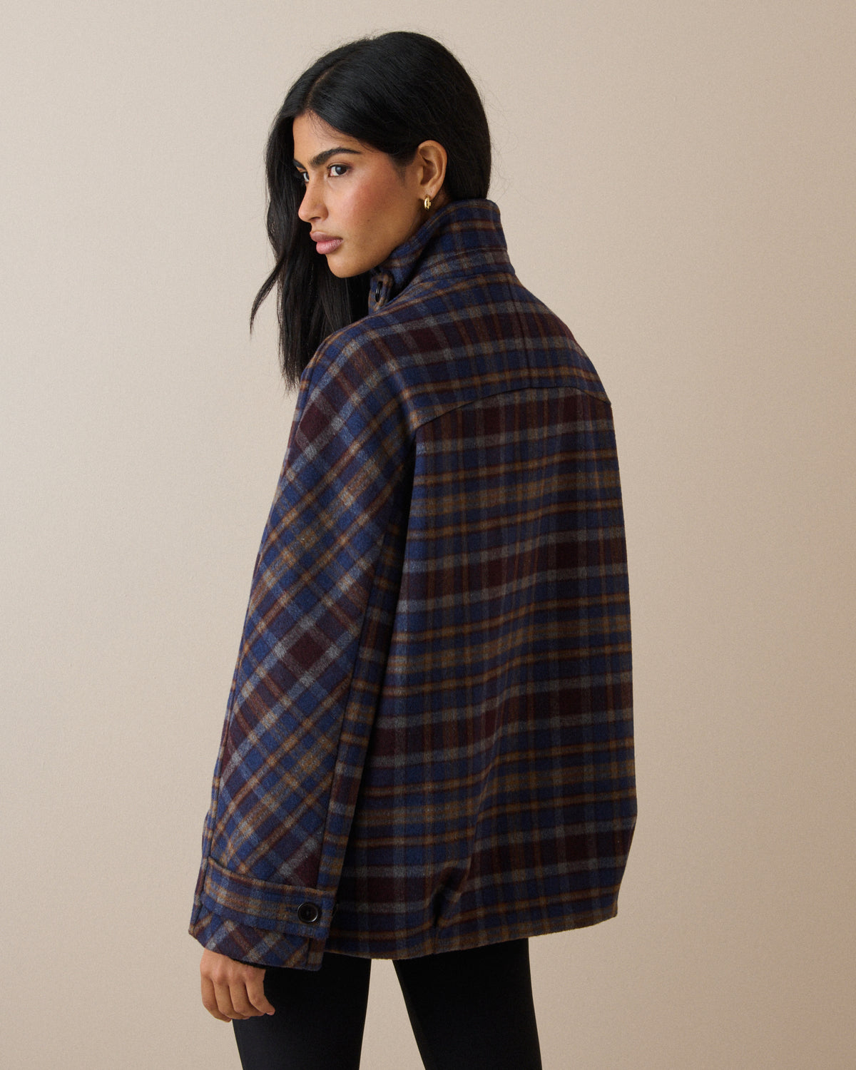 Blue Check Funnel Neck Wool-Blend Coat