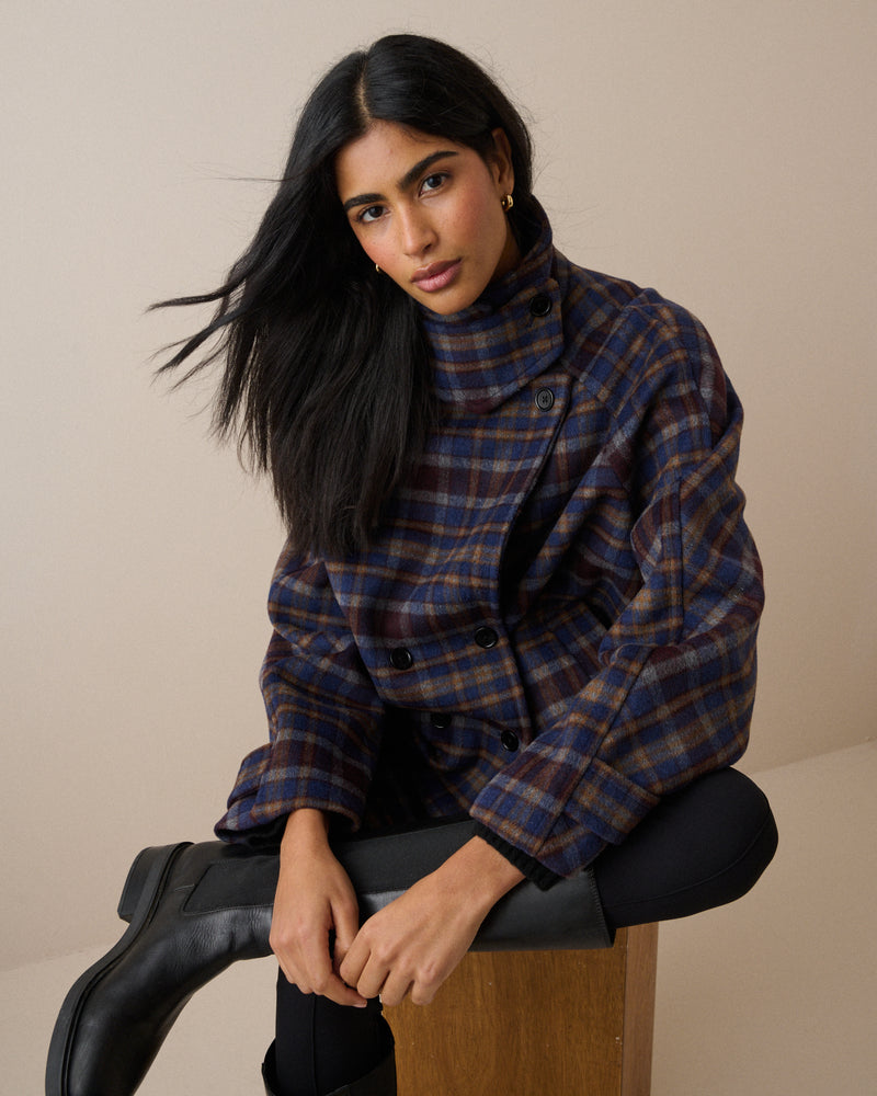 Blue Check Funnel Neck Wool-Blend Coat