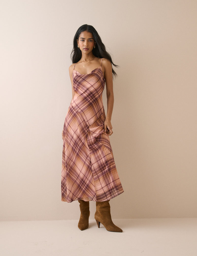peony brown check holiday midi dress Peony Check Holiday Midi Dress - Brown