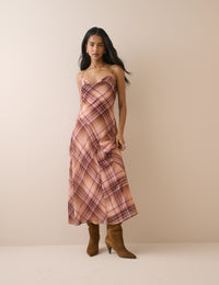 Pink and Maroon Check Motsi Midi Dress