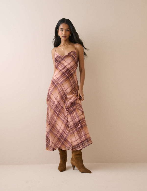 Pink and Maroon Check Motsi Midi Dress