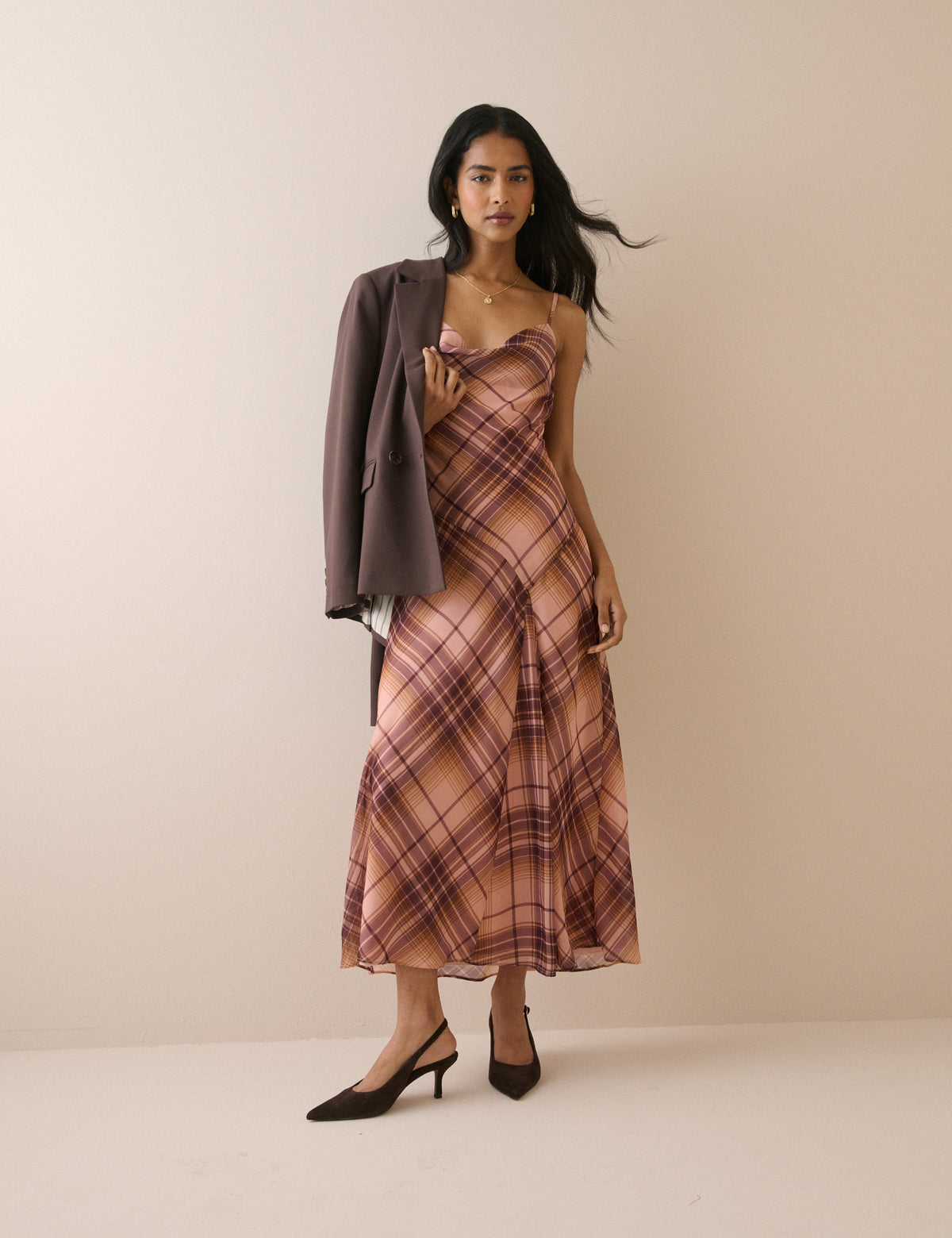 Pink and Maroon Check Motsi Midi Dress