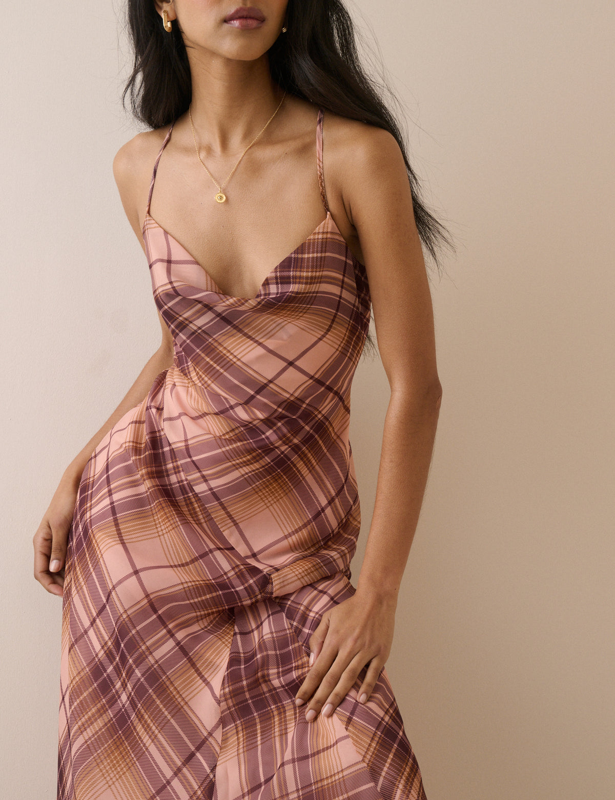 Pink and Maroon Check Motsi Midi Dress