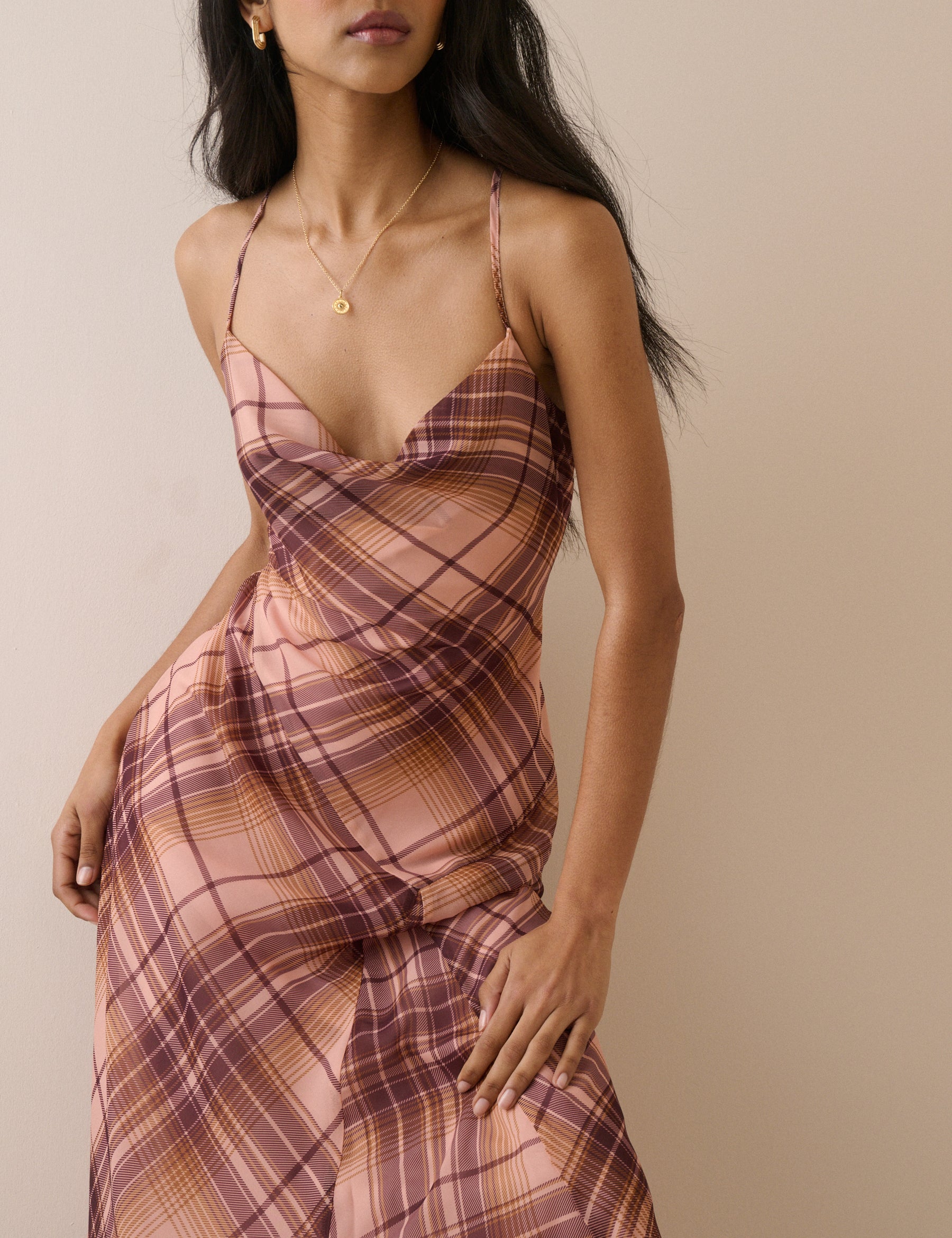 Pink and Maroon Check Motsi Midi Dress